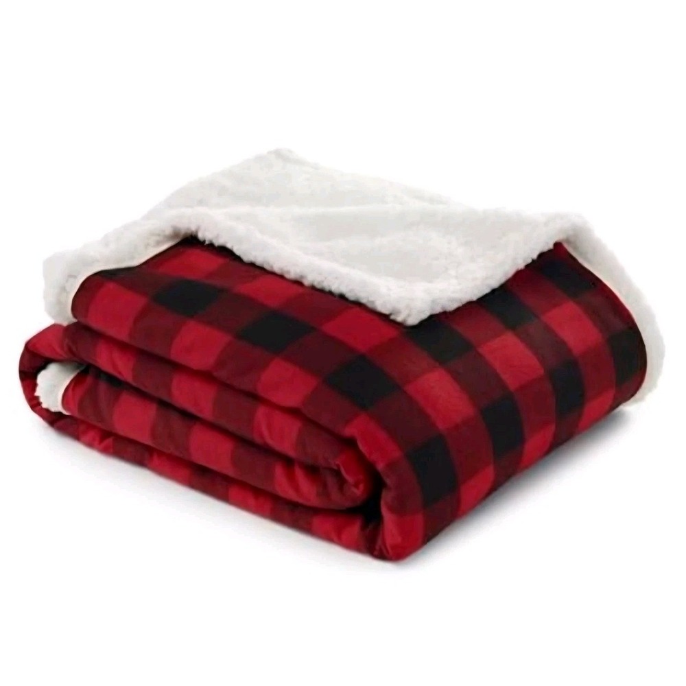 Eddie‎ Bauer~Cabin Plaid Red Sherpa 50x60" Ultra Soft Reversible Throw Blanket